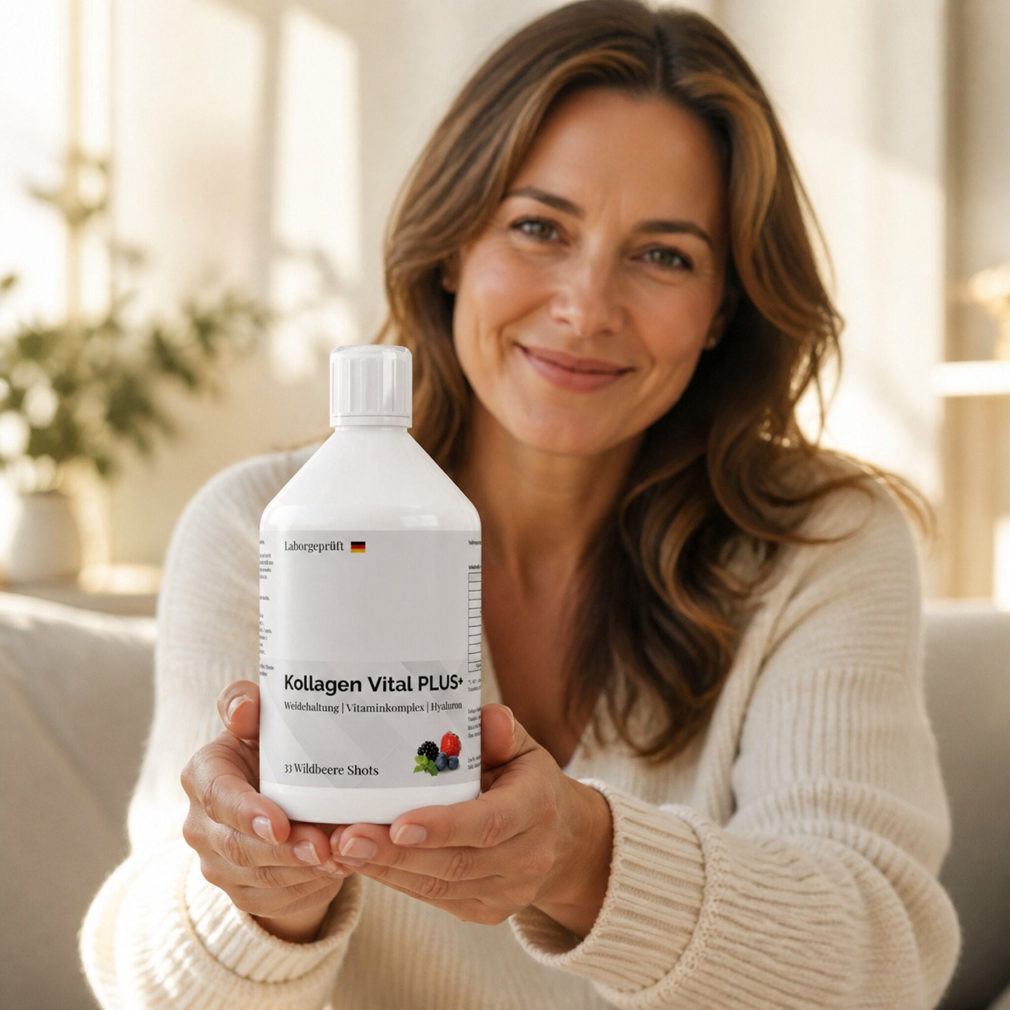 Žena ukazuje lahev Kolagen Vital Complex do kamery