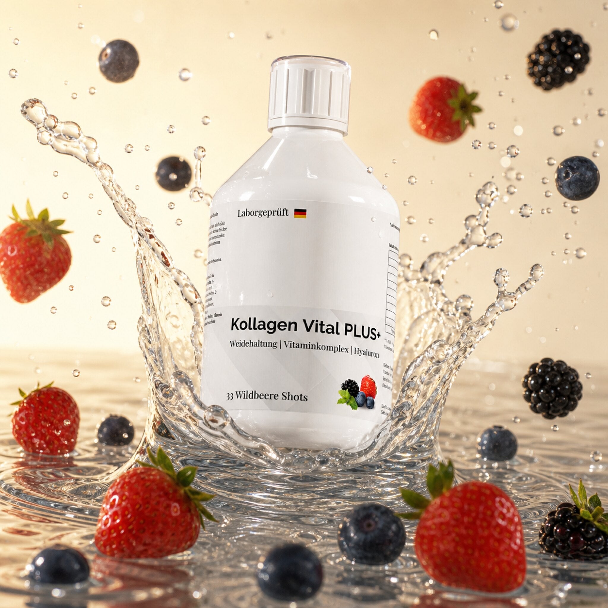 Kolagen Vital Complex — lahev v dynamickém šplouchnutí s lesním ovocem