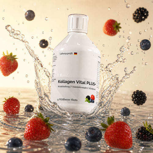Kolagen Vital Complex — lahev v dynamickém šplouchnutí s lesním ovocem